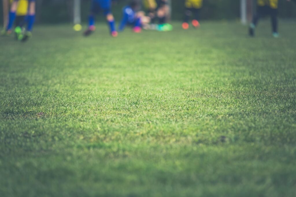 A vibrant grass field with blurred soccer players in the background during the day.